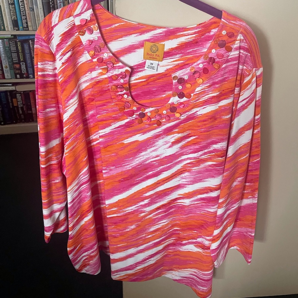 Ruby Rd Striped Elbow  Sleeve Top